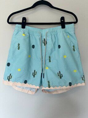 OAS Sweden Swim Trunks Shorts Size Medium Blue Cactus Sun Chevron Scallop Hem